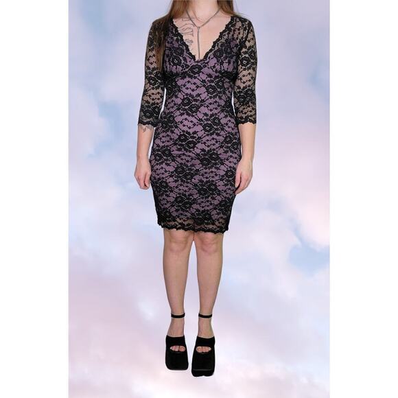 Vintage Dresses & Skirts - 90s Y2k Vintage Black w/ Purple Midi Lace 3/4 Sleeve Whimsy Goth Dress